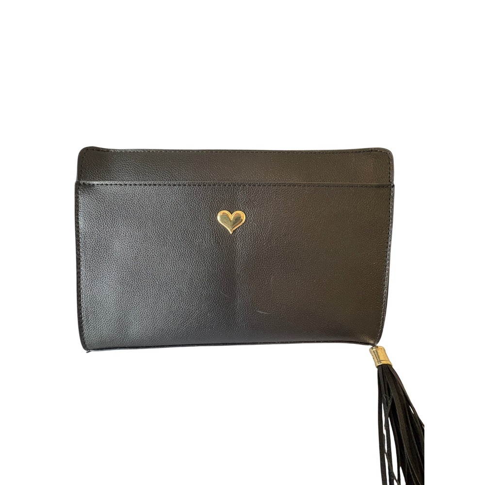Black Pebbled Faux Leather Heart Tassel Clutch Bag Gold Hardware Hand Strap